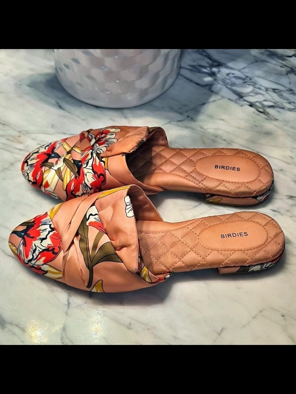 Birdies Peach Floral Knot-Front Slide Mules